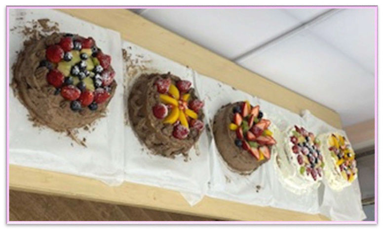 希望者が作ったケーキのお披露目会を行った。2種類のケーキは飾り付けがそれぞれ異なり、見た目に工夫がある。