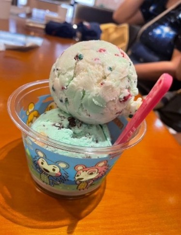 サーティワンのアイスがカップにダブルで入っており、下段がチョコレートミント、上段がポッピングシャワーになっています。